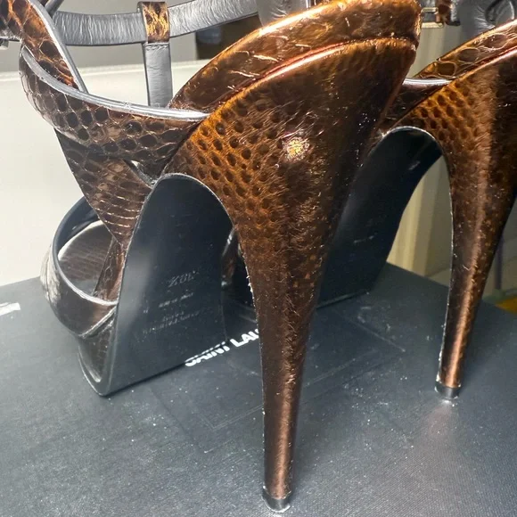 PRE-OWNED - Yves Saint Laurent Tribute Metallic Snakeskin Heel Sandals Size 39.5 - Picture 8 of 14